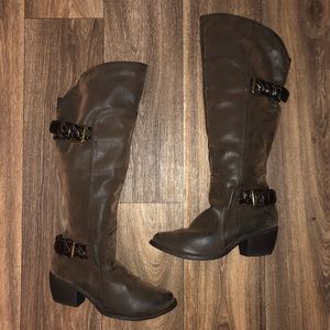 Brown Suede Riding Boot with buckle accent